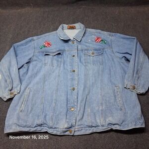 Vintage Bonjour Rose Pattern Graphic Denim Jacket Plus‎ Size 4X Blue Jean